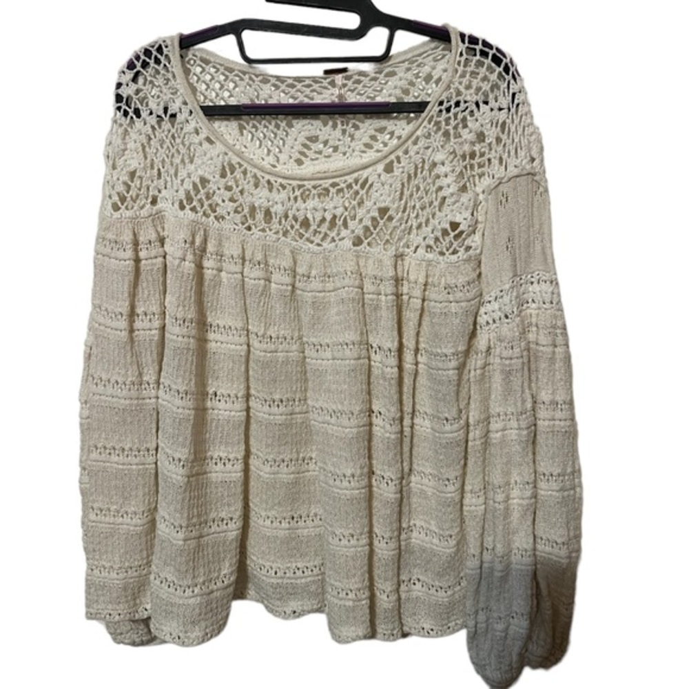 Free People Bohemian Cream Balloon Long Sleeve Knit Top Linen Blend Size XS